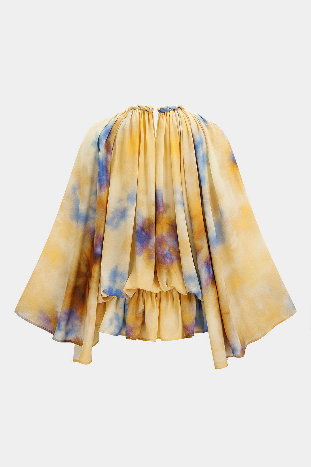 Tie-Dye-Chiffon-Shirt mit gedrehtem Rundhalsausschnitt, Cut-Outs, Raffungen und langen Ärmeln