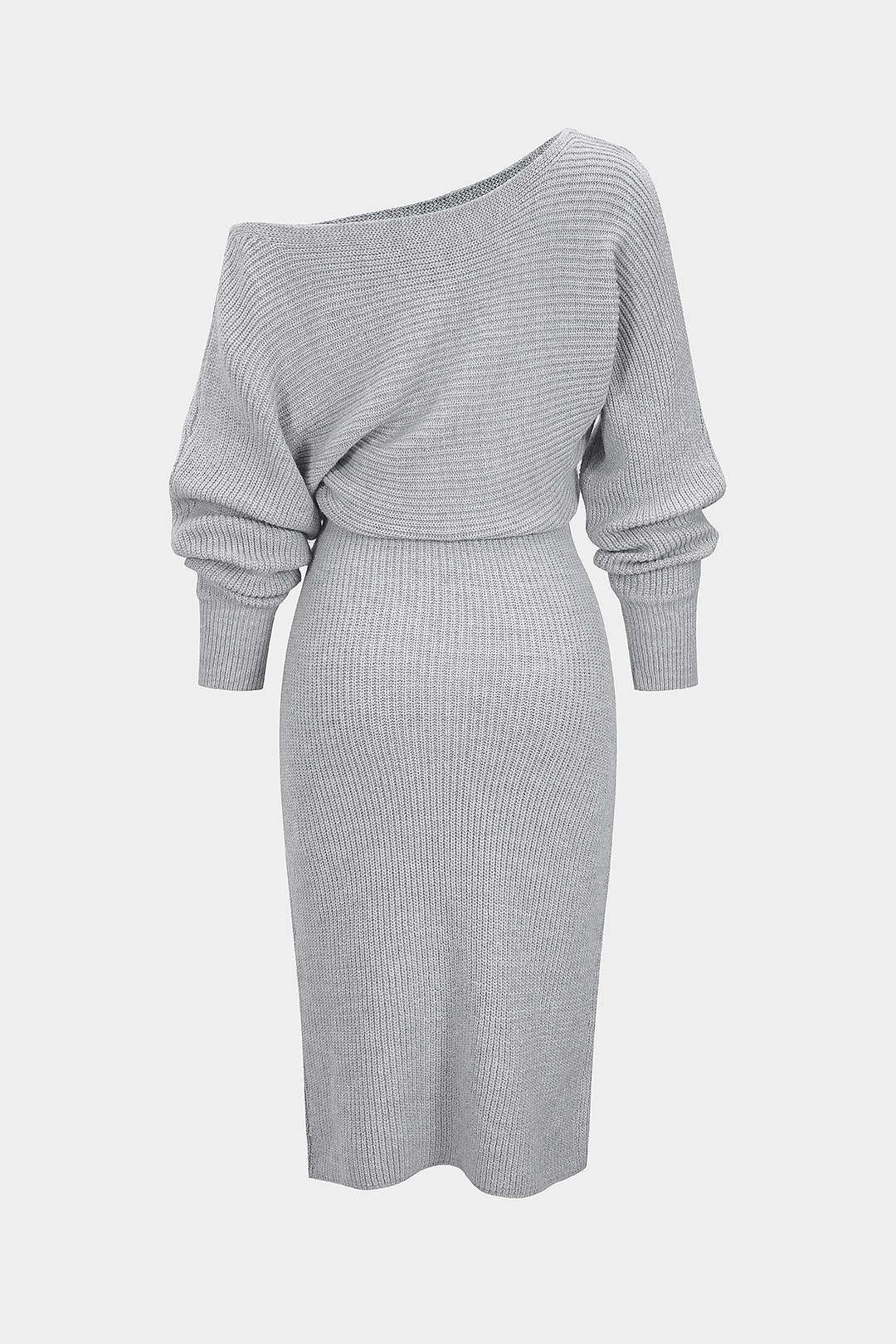 Knit Off-Shoulder Ribbed Side Slit Long Sleeve Midi Dress
