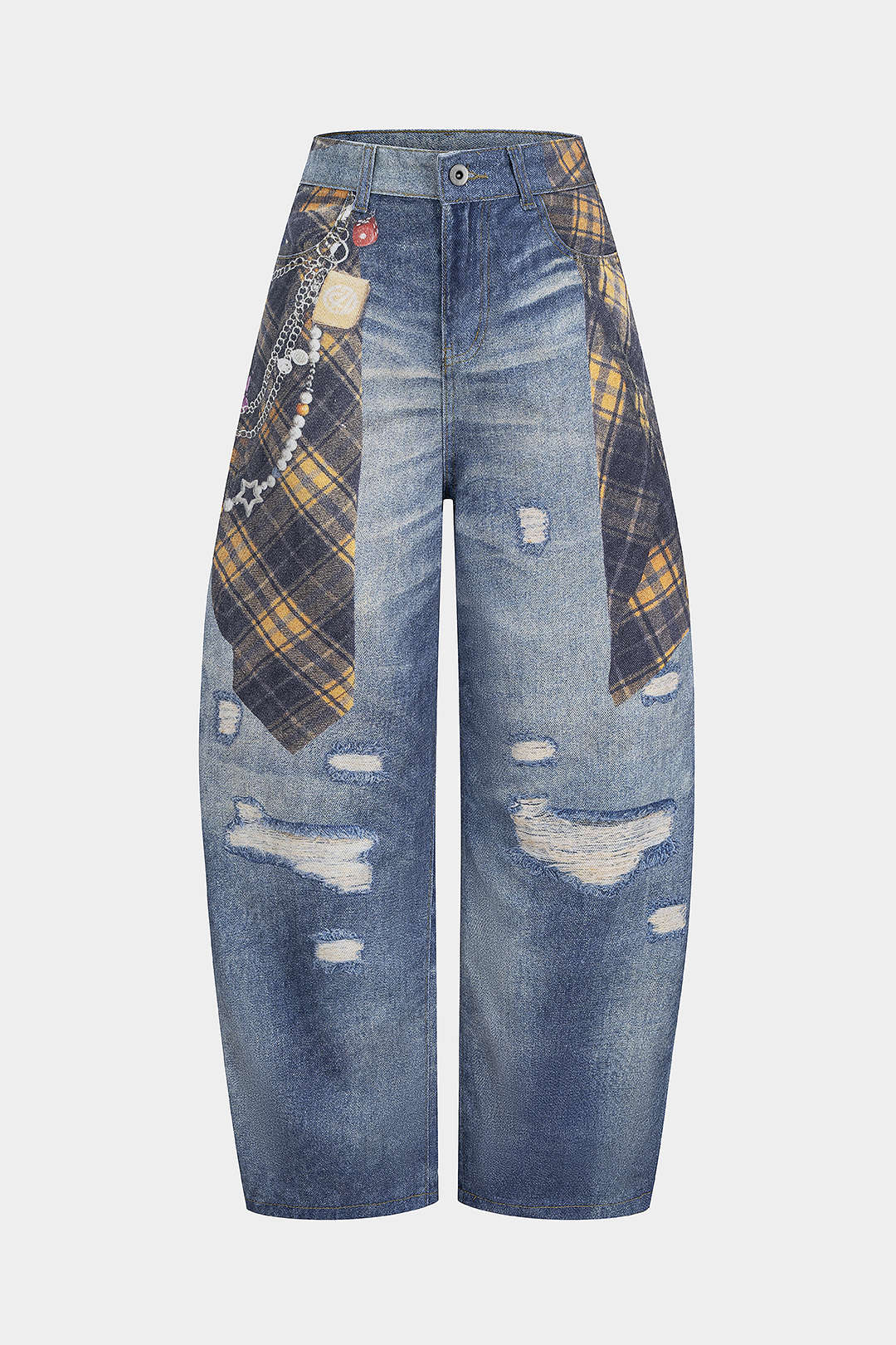 Plaid Denim Print High Waist Wide Leg Pants