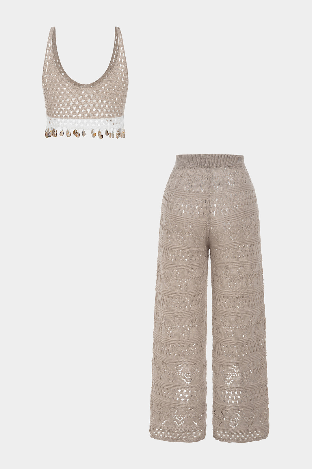 Ensemble caraco en maille ajourée à franges et pantalon large