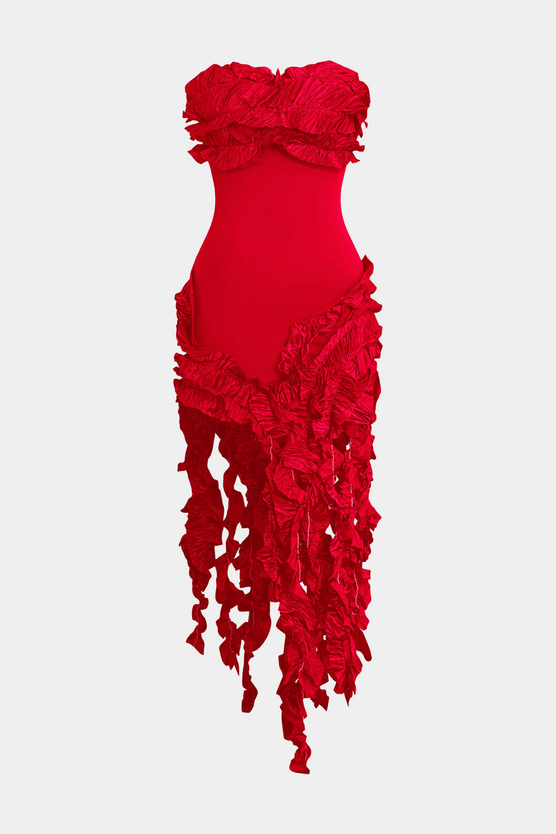 Robe midi bustier à volants et franges