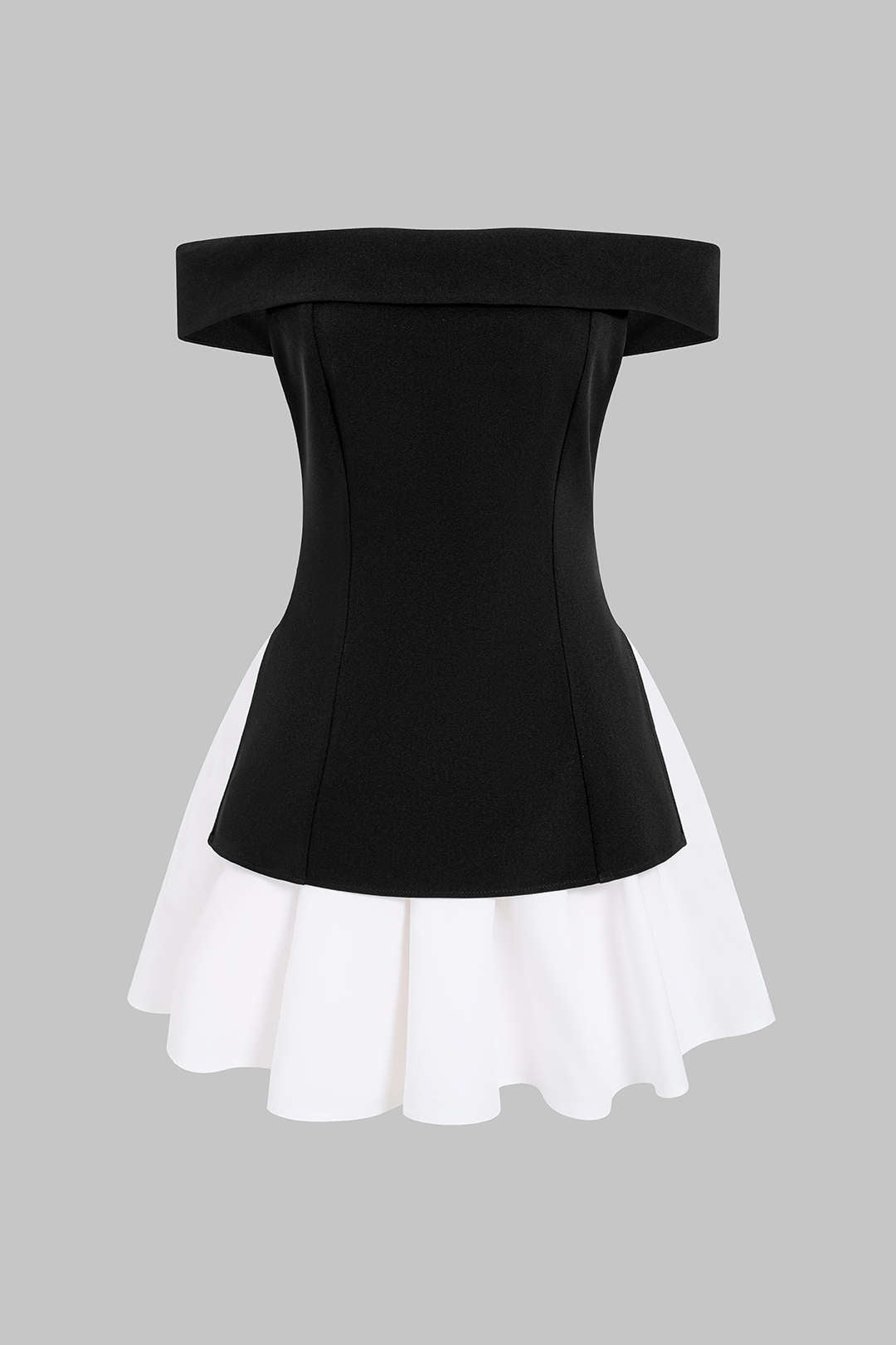 Patchwork schulterfreies, gerafftes Minikleid mit Bindeband am Rücken