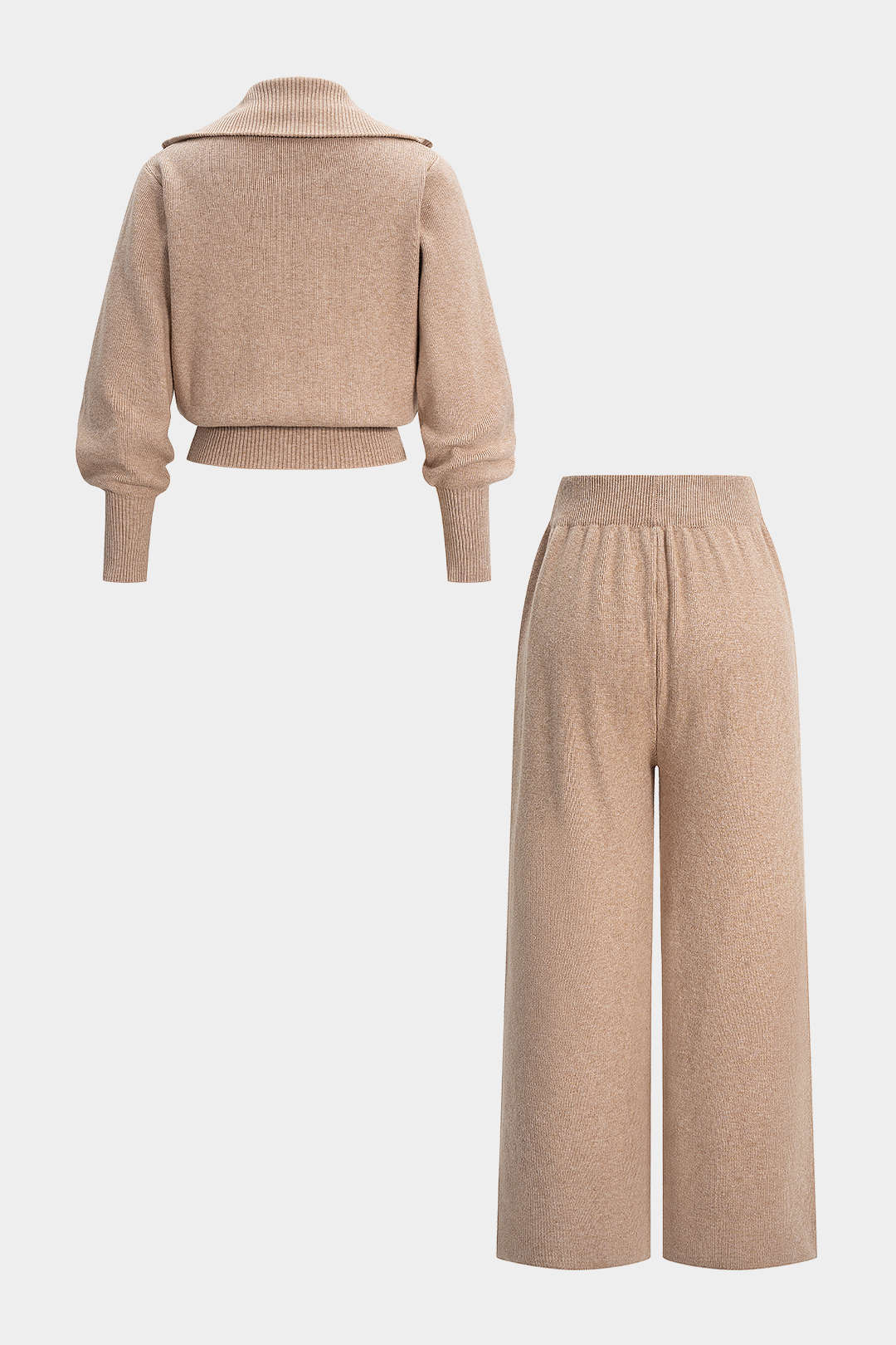 Knit Zipper Long-Sleeve Hoodie And Shirred Waistband Zipper Wide Leg Pants Set