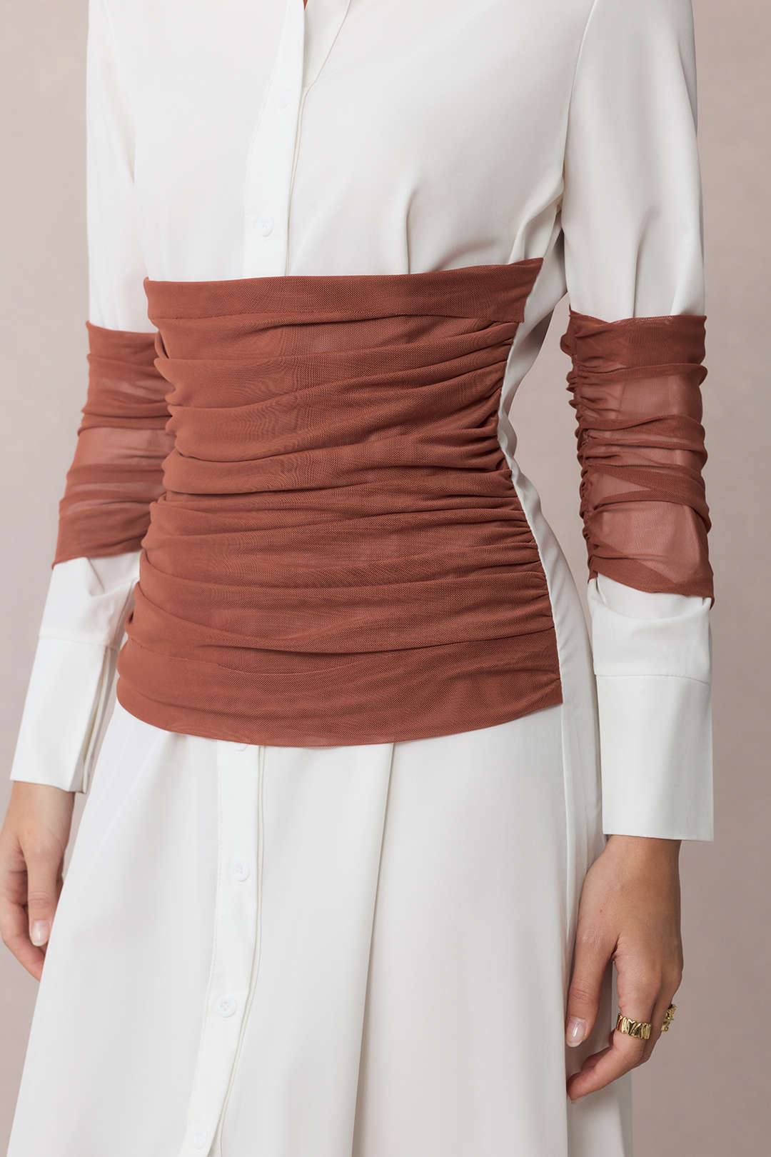 Patchwork Mesh Ruched Lapel Long Sleeve Midi Dress