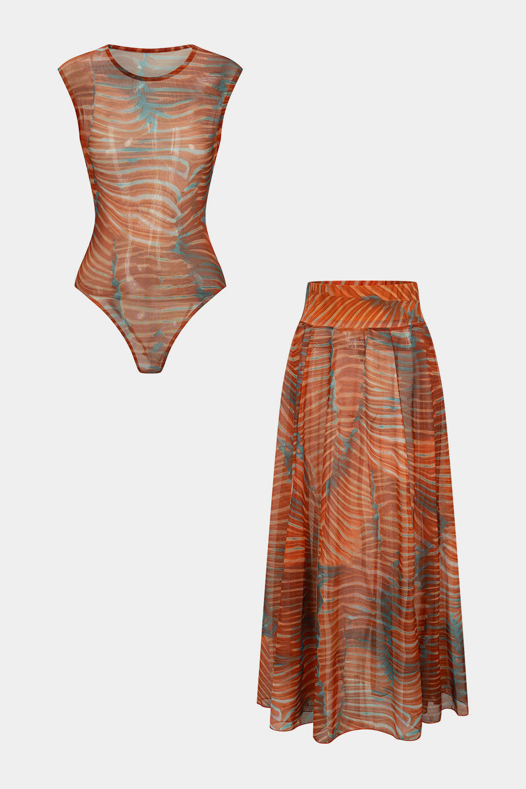 Ensemble body sans manches en maille imprimé abstrait transparent et jupe froncée