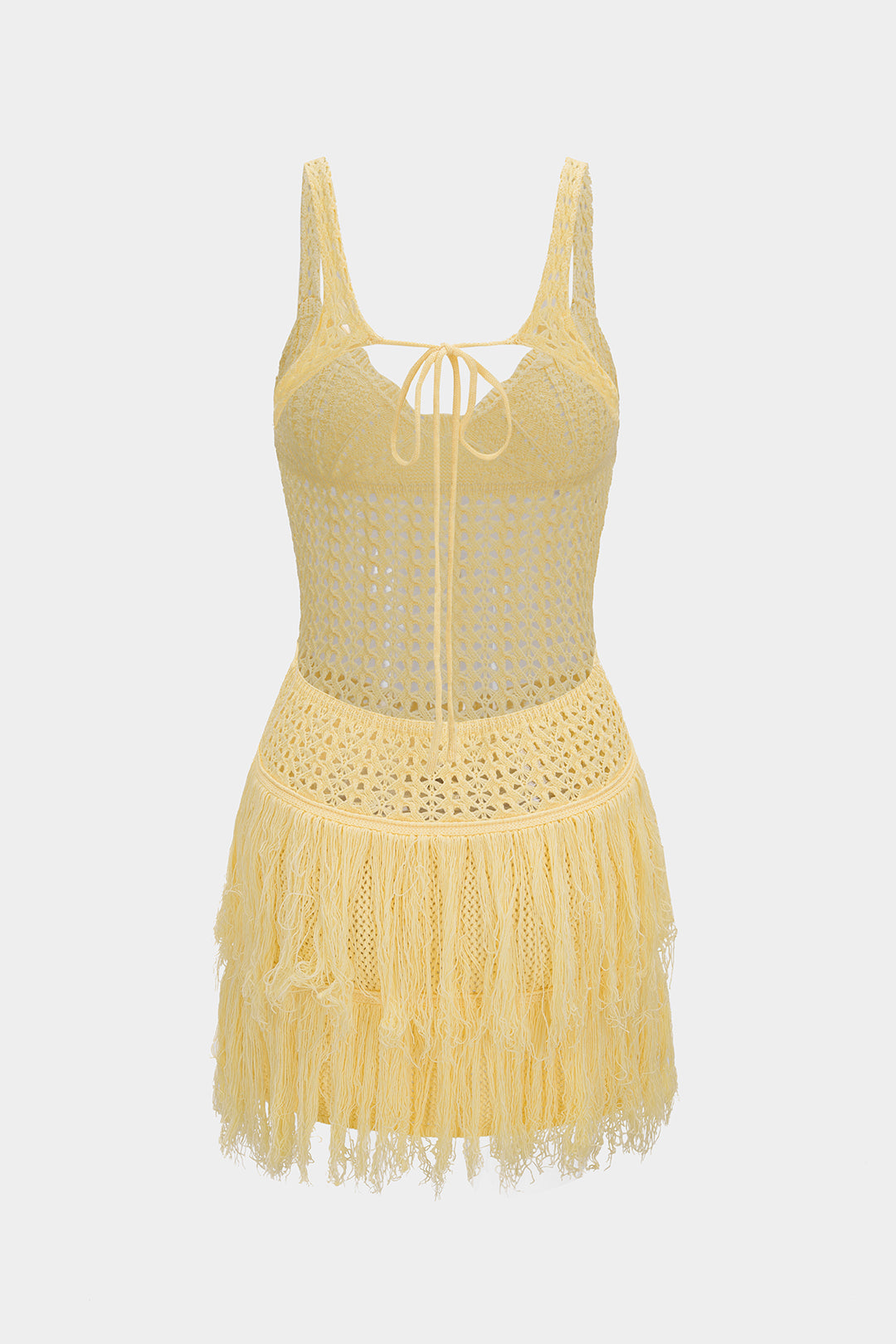 Mini-robe sans manches en maille ajourée à franges
