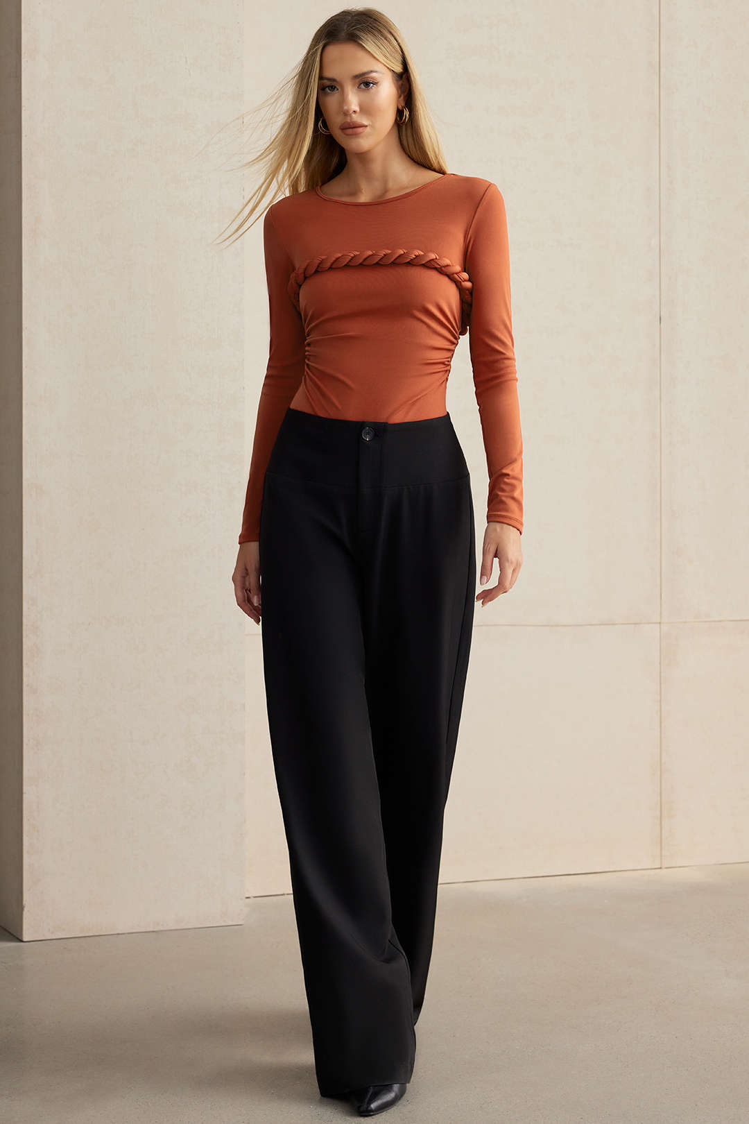 Twist Knot Ruched Long-Sleeve Bodysuit