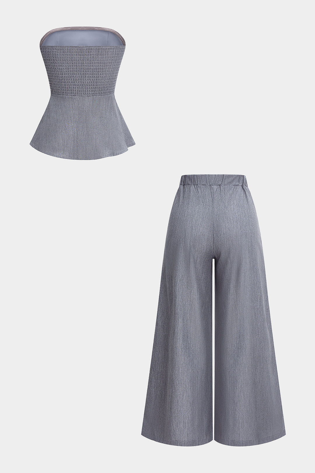 Shirred Strapless Tube Top And Wide Leg Trousers Set