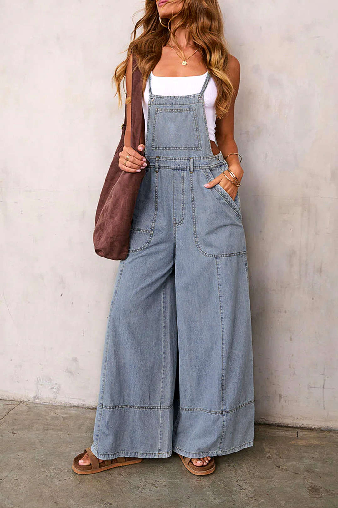 Denim Pocket Slip Sleeveless Wide Leg Jumpsuit