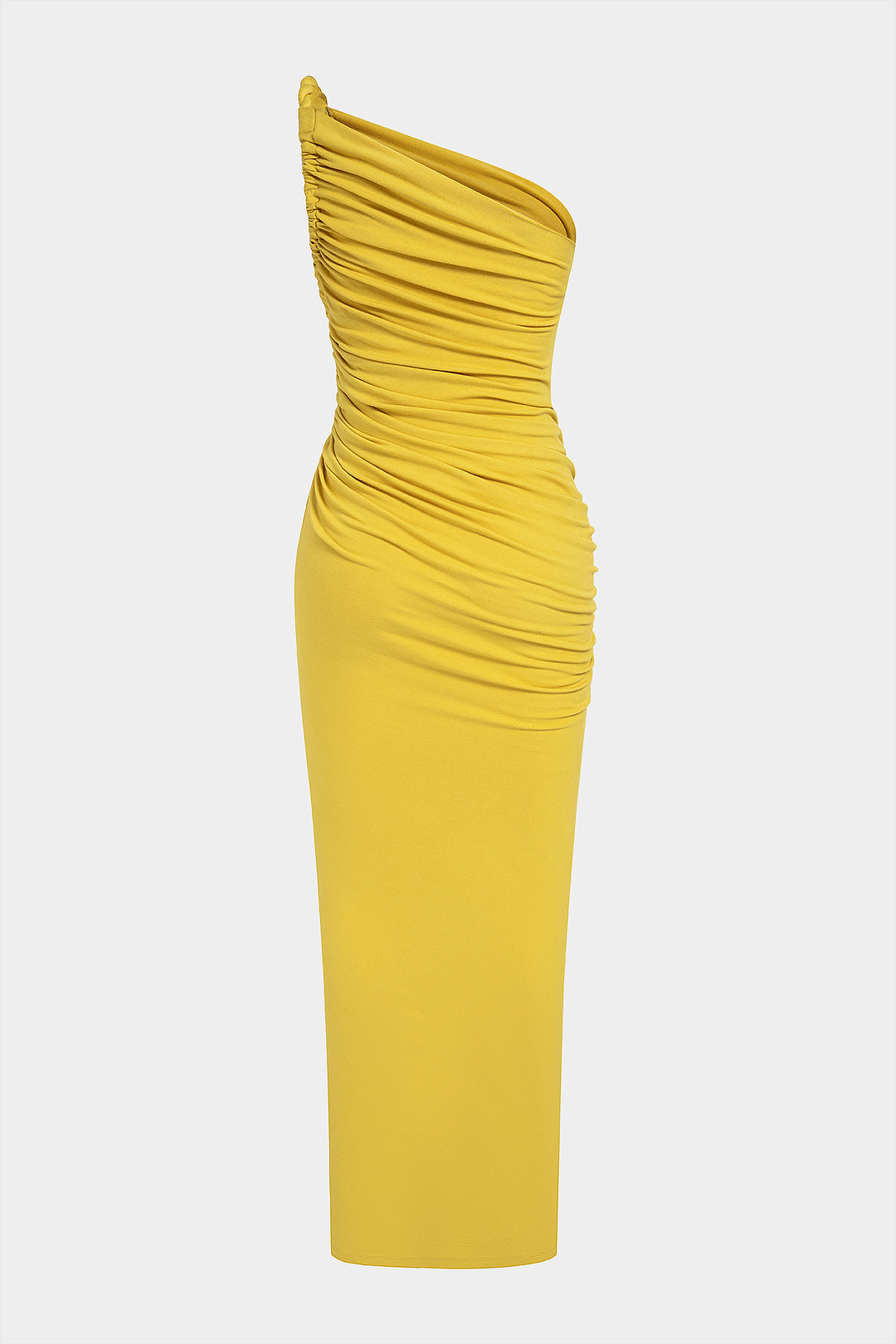 Asymmetrisches, ärmelloses Maxikleid mit Raffungen und Schlitz