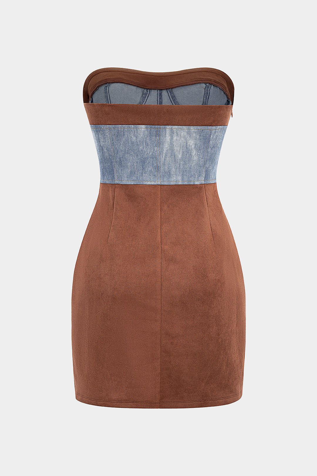 Suede Denim Patchwork Strapless Sleeveless Mini Dress