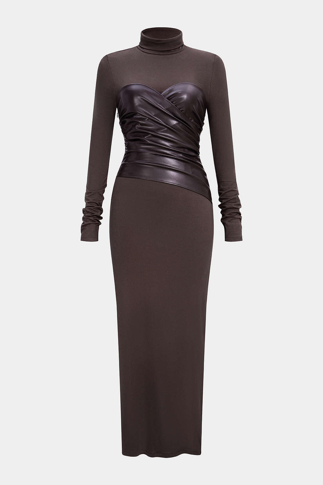 Faux Leather Crossed Ruched Long Sleeve Maxi Dress