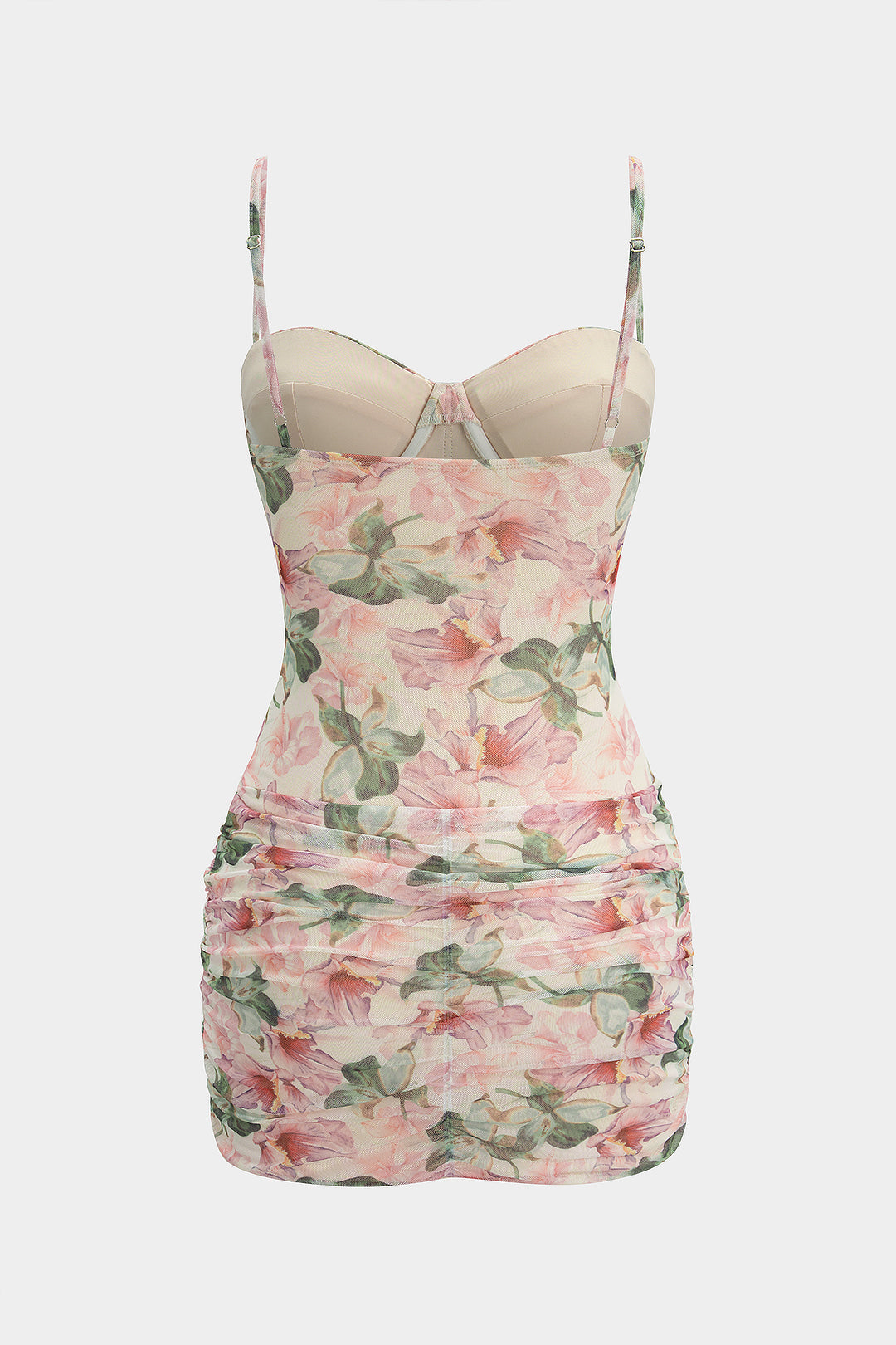 Floral Print Mesh Corset Ruched Sleeveless Mini Dress