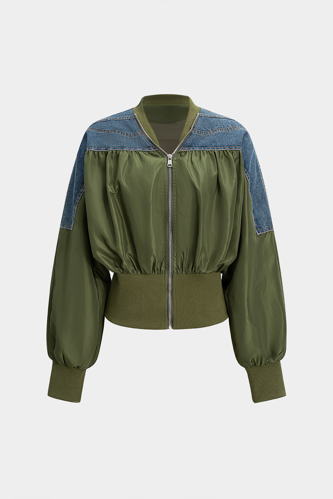 Denim-Patchwork-Reißverschlussjacke