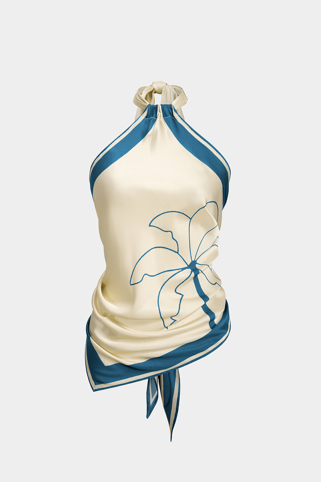 Haut sans manches dos nu en satin à imprimé floral contrastant avec col halter à nouer
