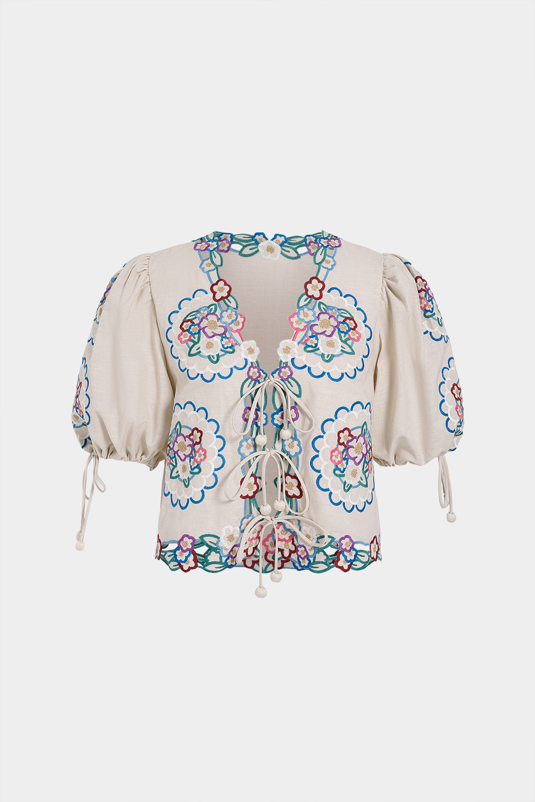 Chemisier à manches courtes en broderie à col en V imprimé floral avec découpes et liens à nouer