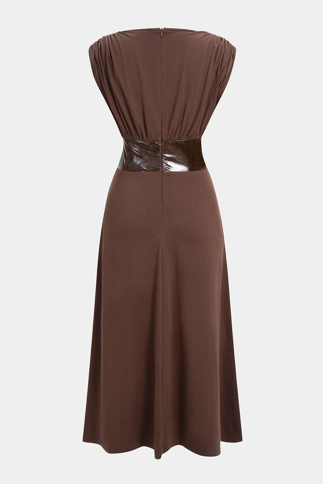 Faux Leather Patchwork Ruched Short-Sleeve Maxi Dress