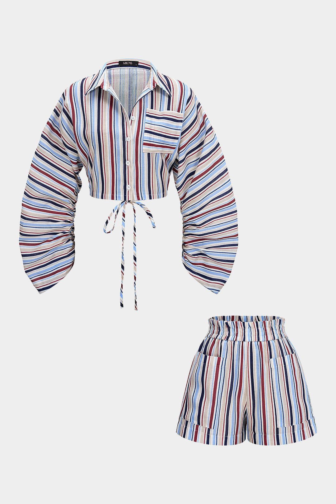 Stripes Print Pocket Shirred Waistband Shorts