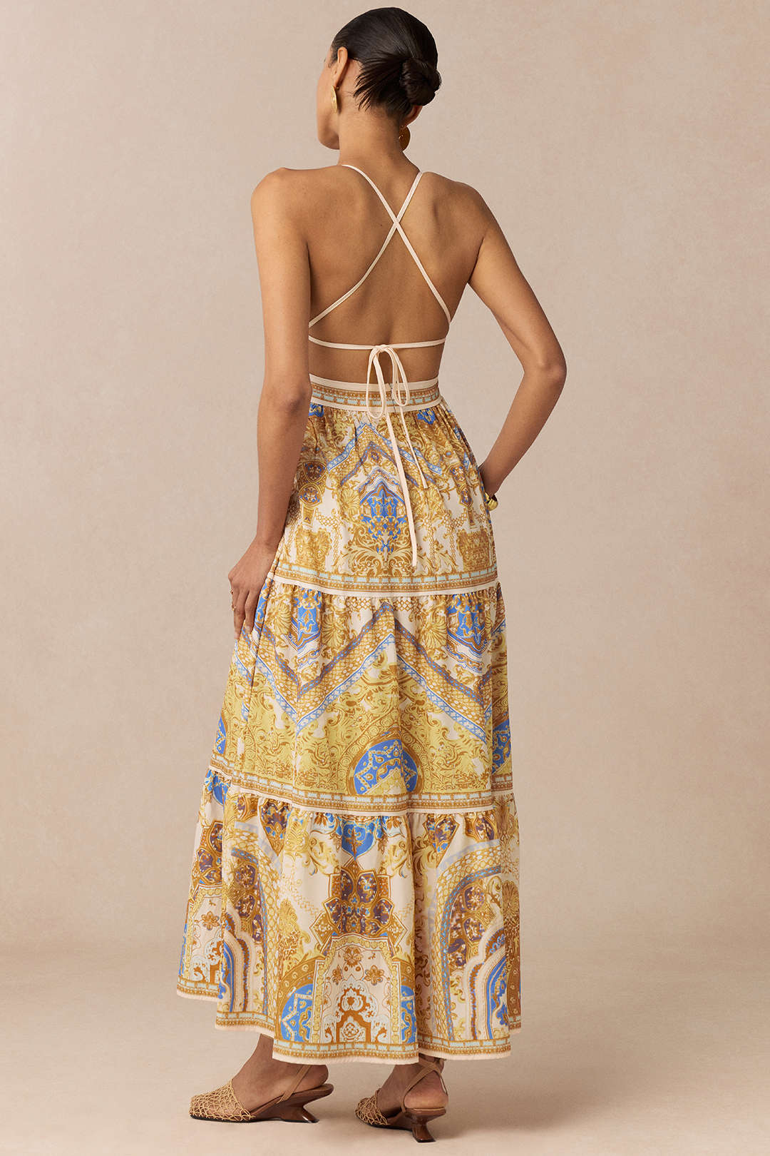 Retro Print V-Neck Tie back Sleeveless Midi Dress