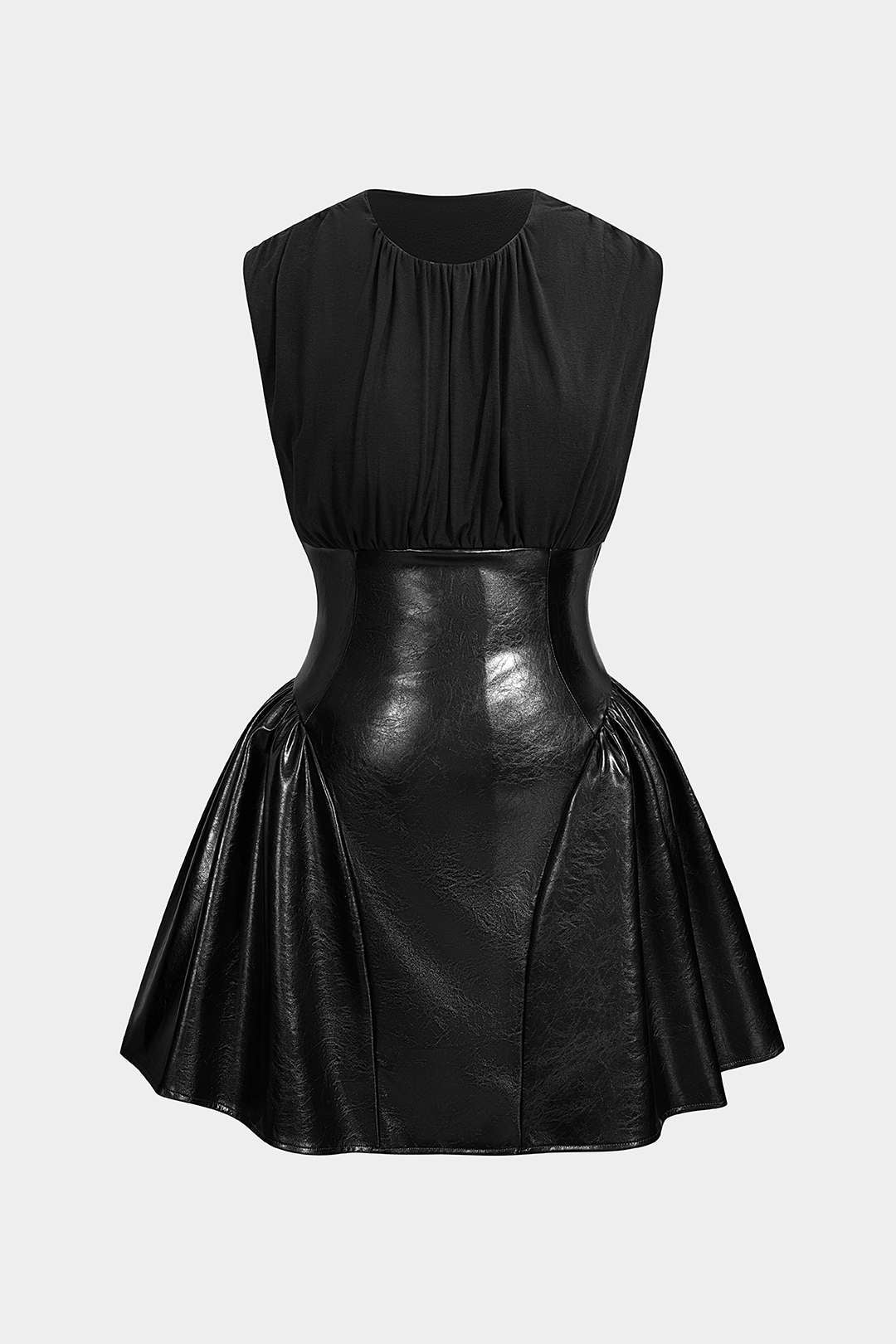 Faux Leather Patchwork Ruched Sleeveless Mini Dress