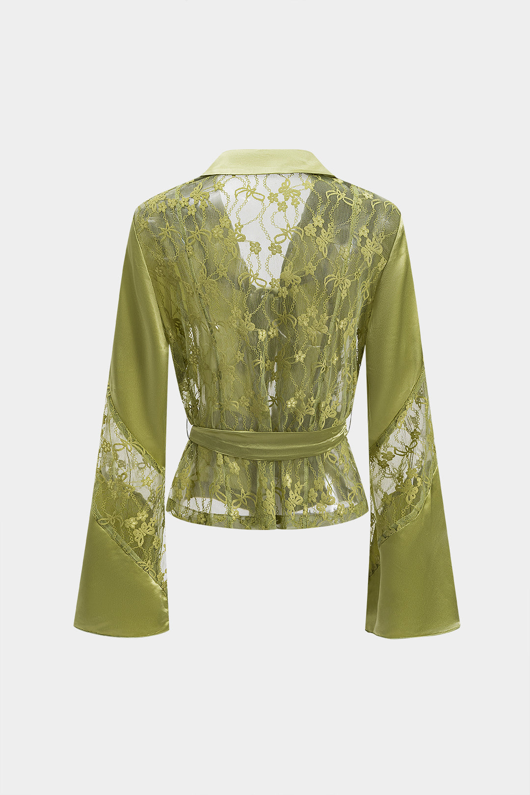 Satin Patchwork Tie Front Bell Sleeve Long-Sleeve Shirt