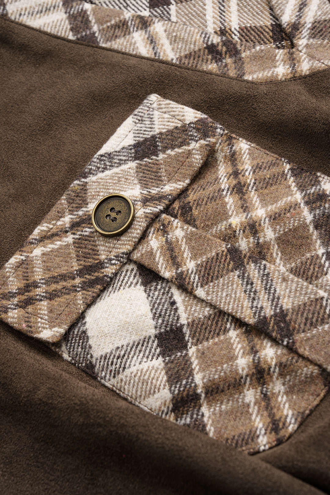 Plaid Color Block Print Suede V-Neck Pocket Sweatshirt