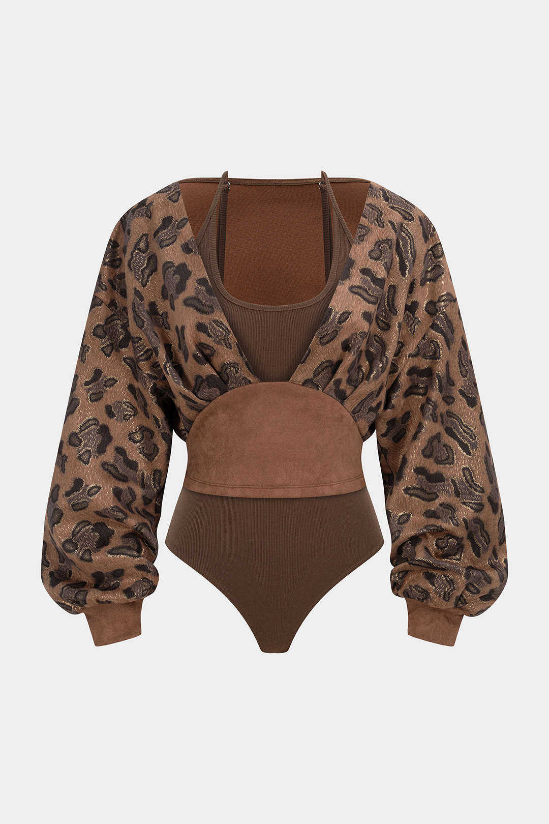 Leopard Print Suede Patchwork Halter Neck Long Sleeve Bodysuit