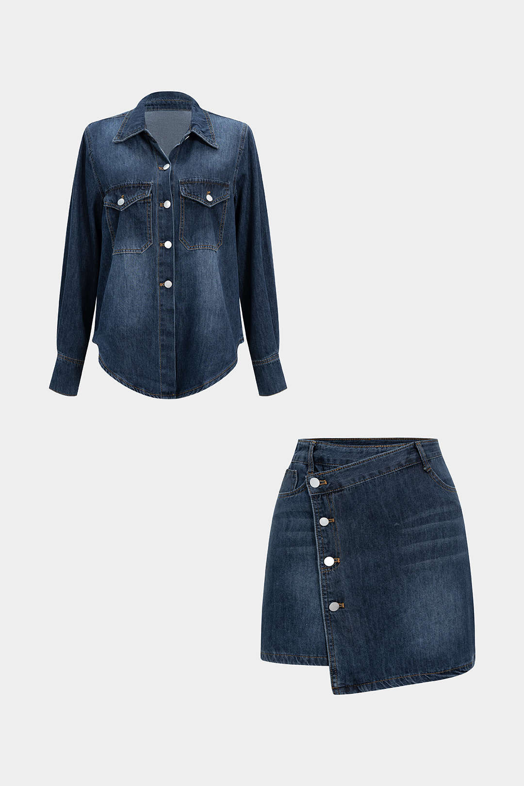Denim-Knopf-Langarm-Top und High-Waist-Minirock-Set