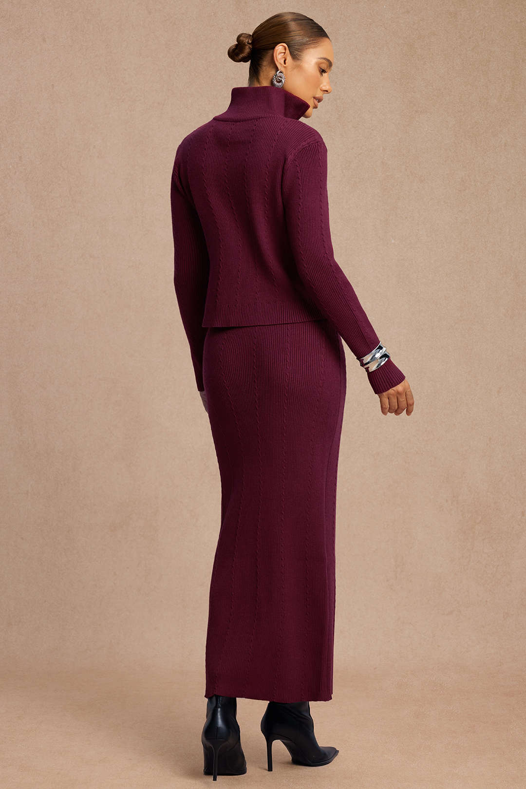 Knit Zipper Long-Sleeve Top And Skirt Set