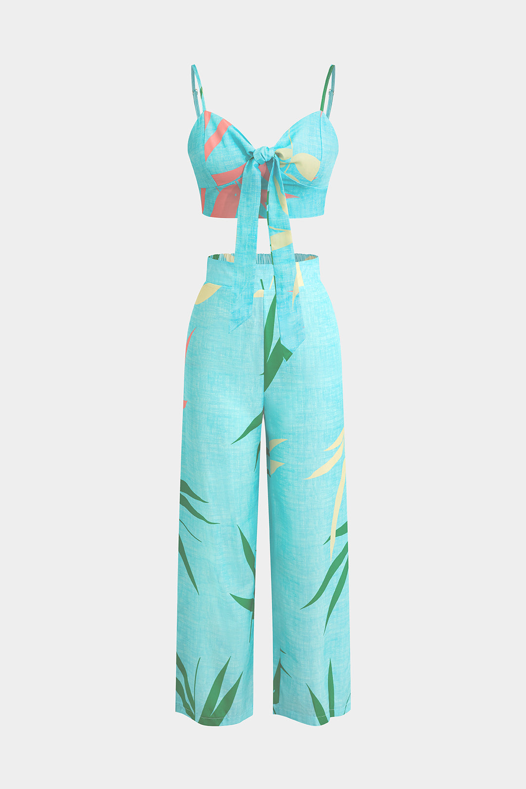 Bamboo Leaf Print Knot Cami Top And Pants Set