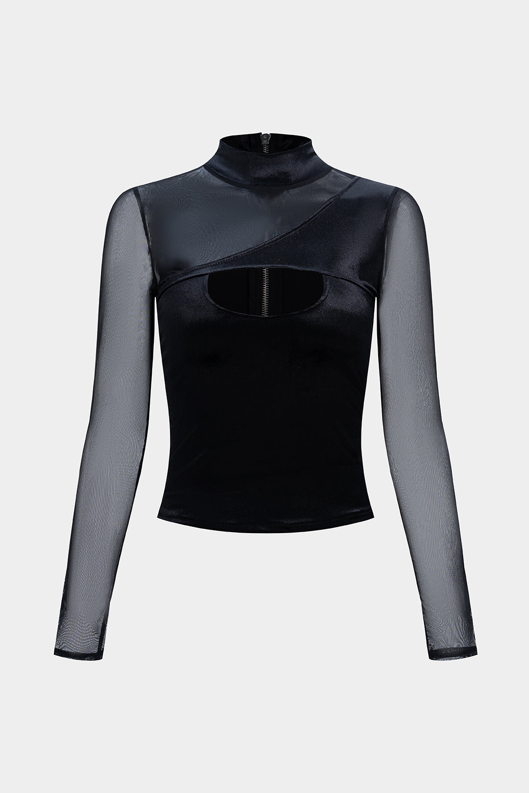 Mesh-Patchwork-Samt-Rollkragentop mit asymmetrischem Cut-Out und langen Ärmeln
