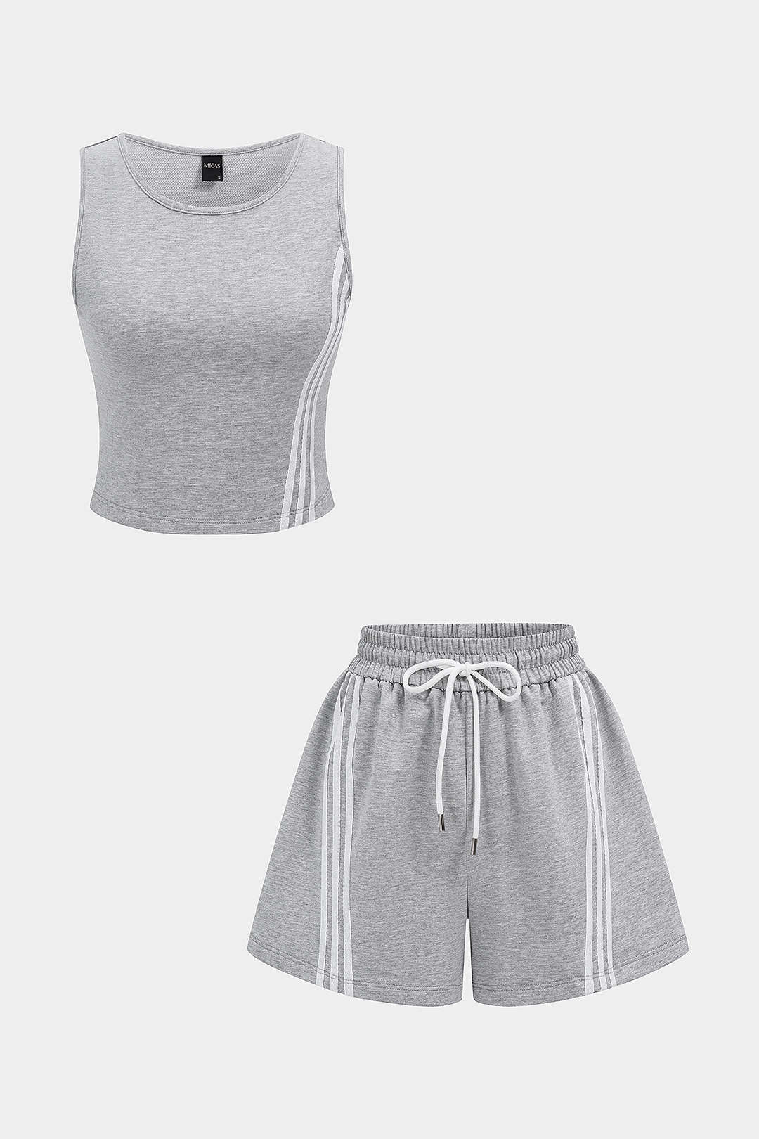 Gestreiftes Rundhals-Tanktop ohne Ärmel und weite Shorts mit Kordelzug-Set mit Kontrastfarben