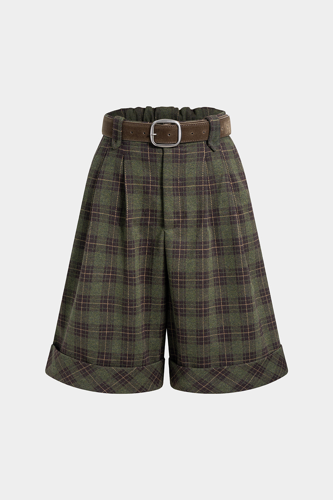 Karierte Shorts mit Gürtel und Aufschlägen