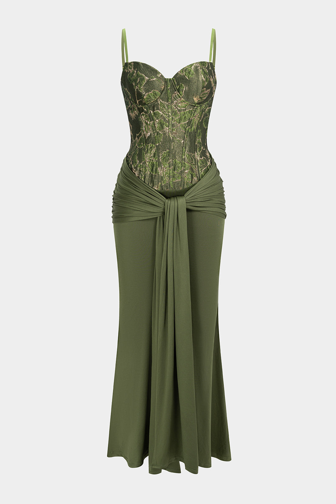 Jacquard Patchwork Ruched Strappy Sleeveless Maxi Dress