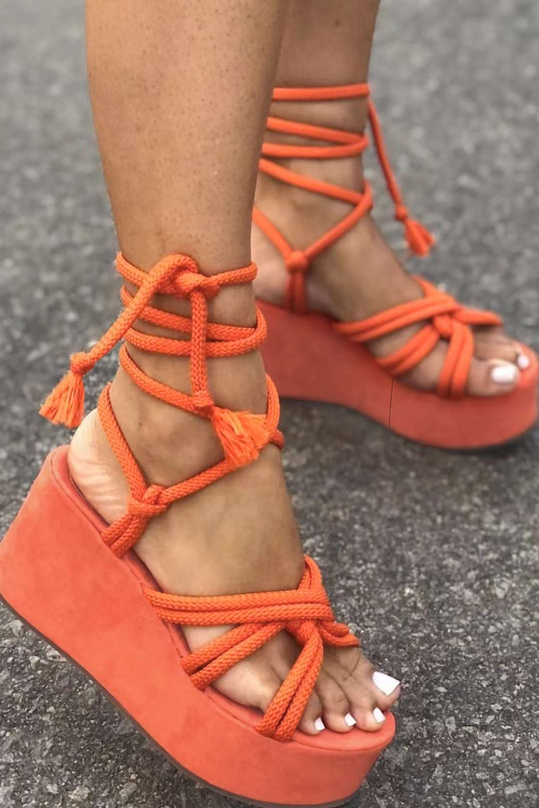 Tie-Up Open Toe Platform Flats Sandals