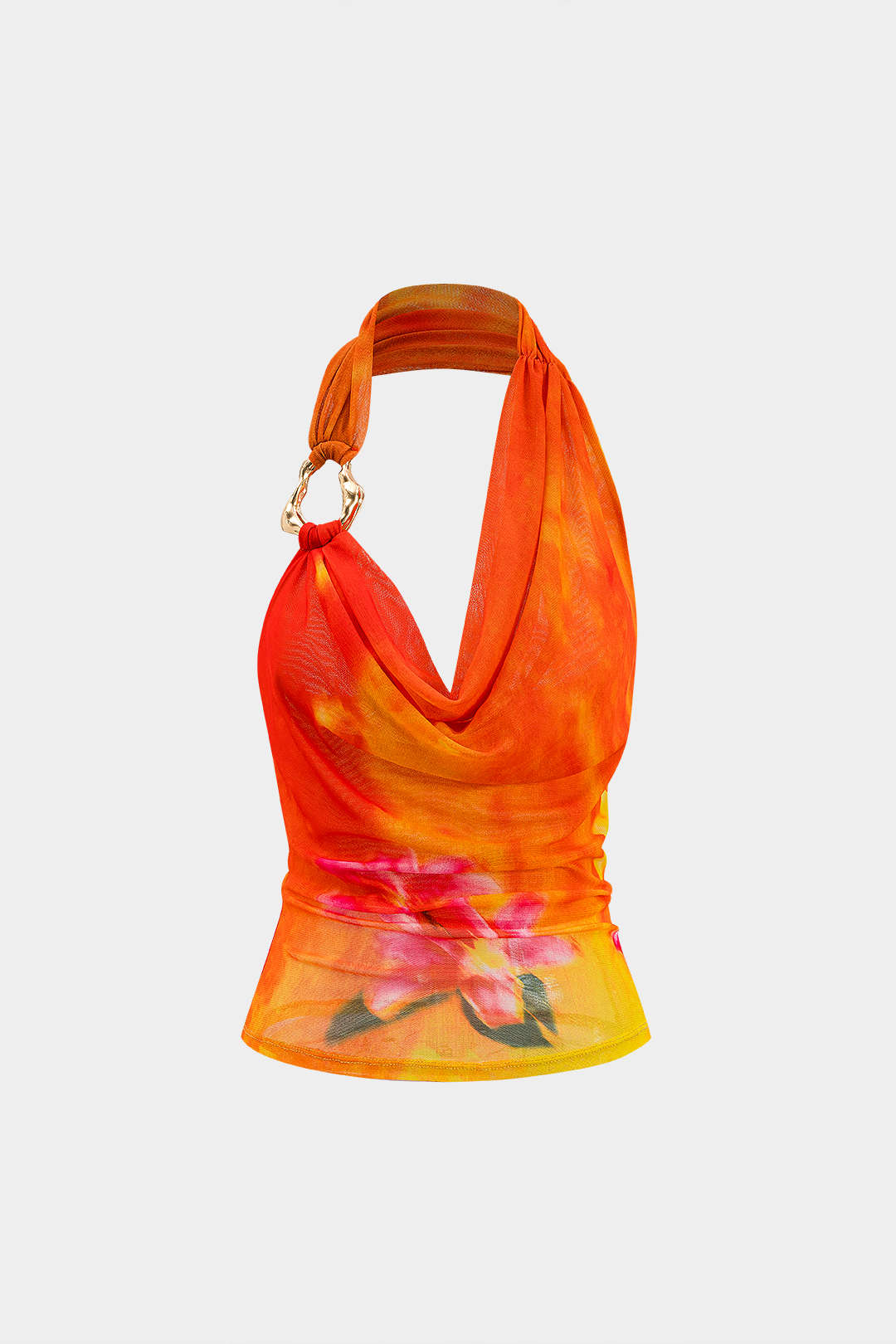 Floral Print Mesh Asymmetrical Ruched Cami Top