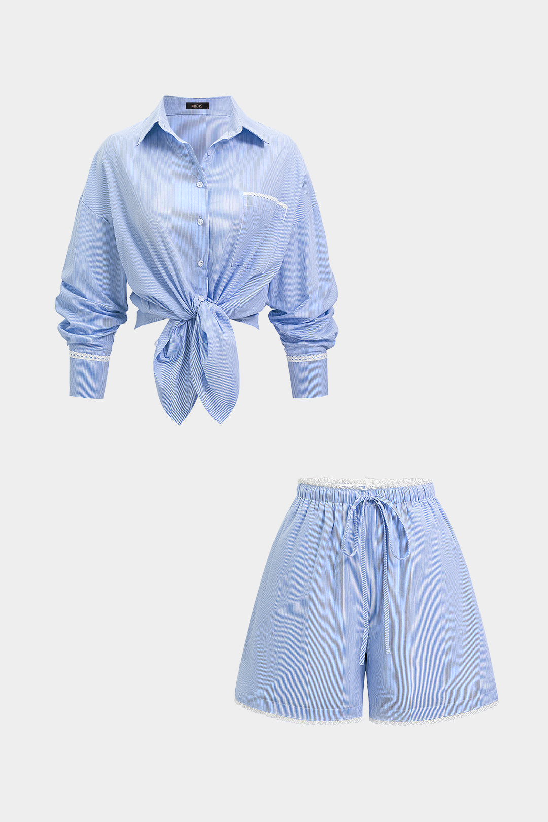 Ensemble chemise à rayures avec bordure en dentelle et short à cordon de serrage