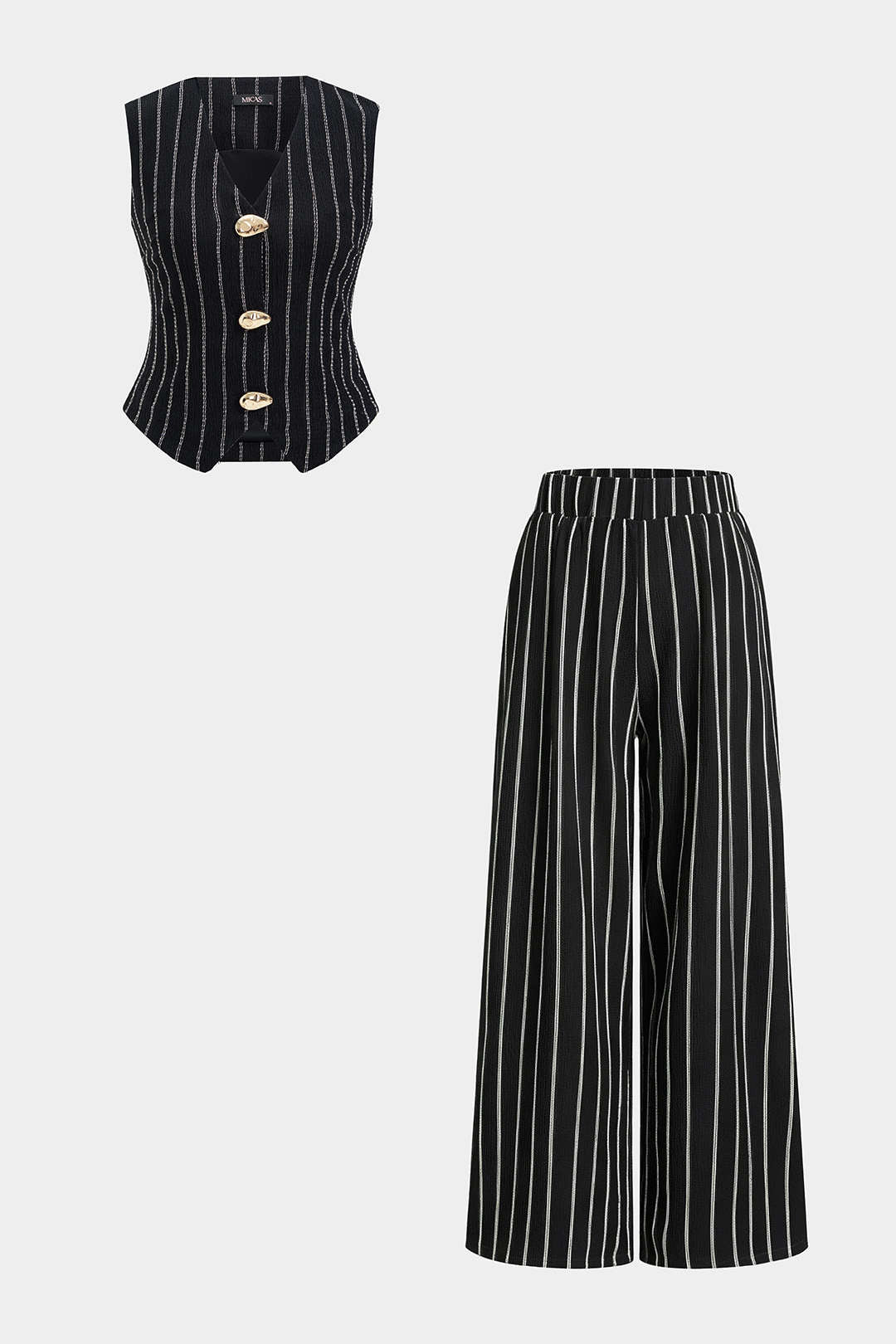 Gestreifte V-Ausschnitt-Knopfweste und Hose mit geradem Bein Set