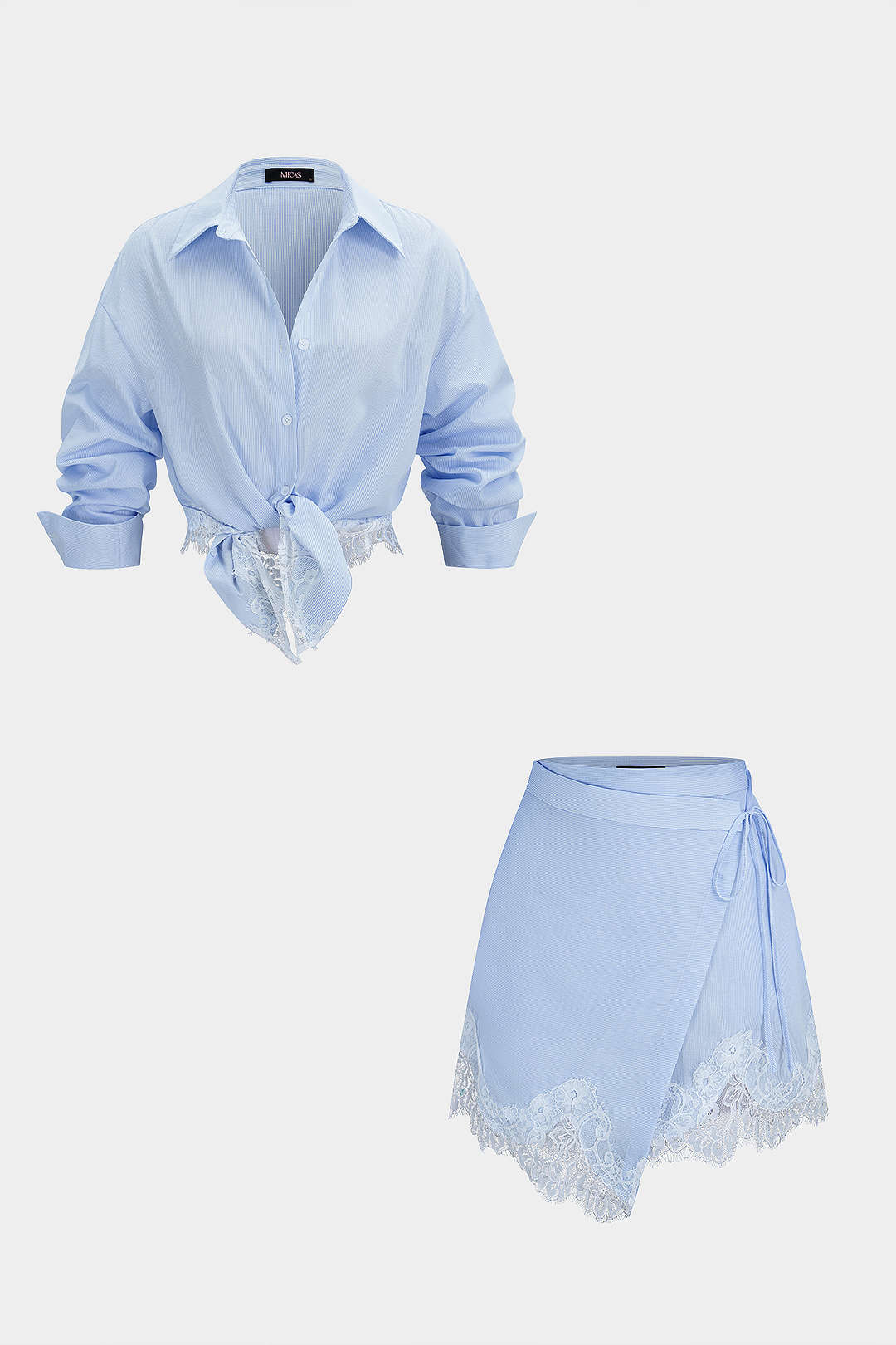 Stripes Print Button Blouse And Wrap Tie-Up Mini Skirt Set