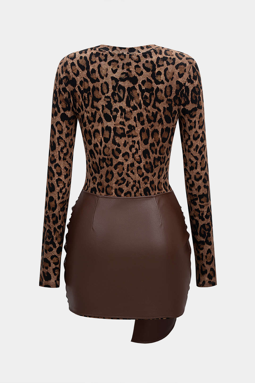 Leopard Print Faux Leather Patchwork Long Sleeve Mini Dress