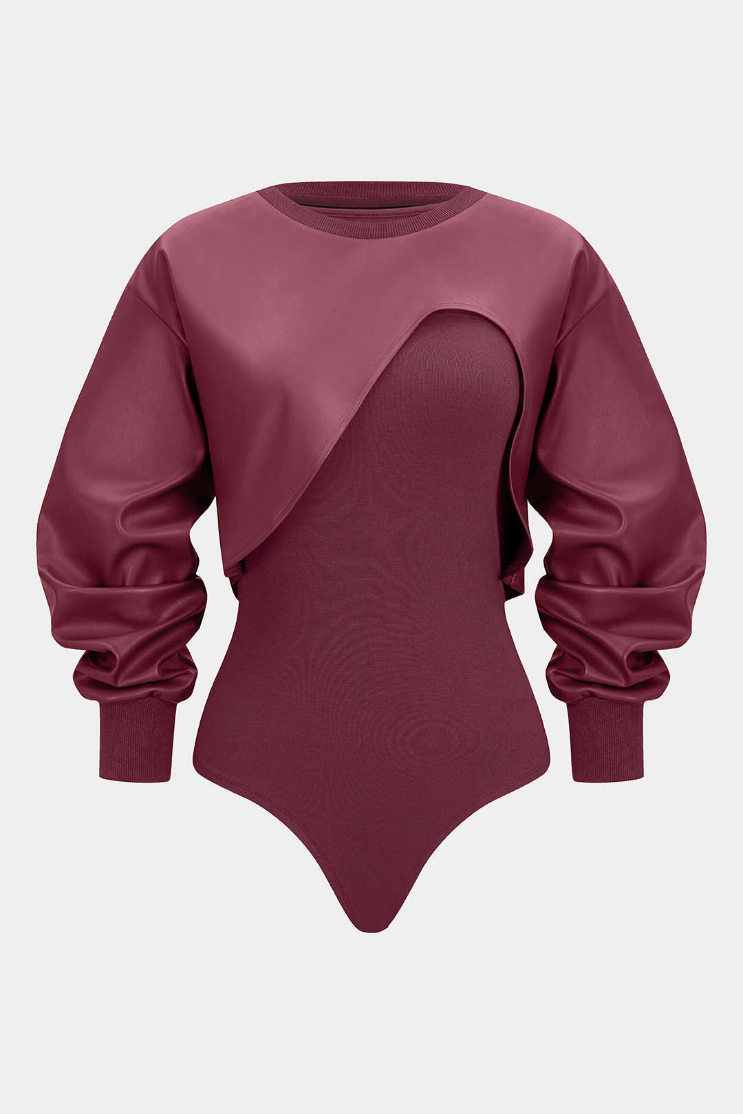 Kunstleder Patchwork Rundhals Asymmetrisch Langarm Bodysuit
