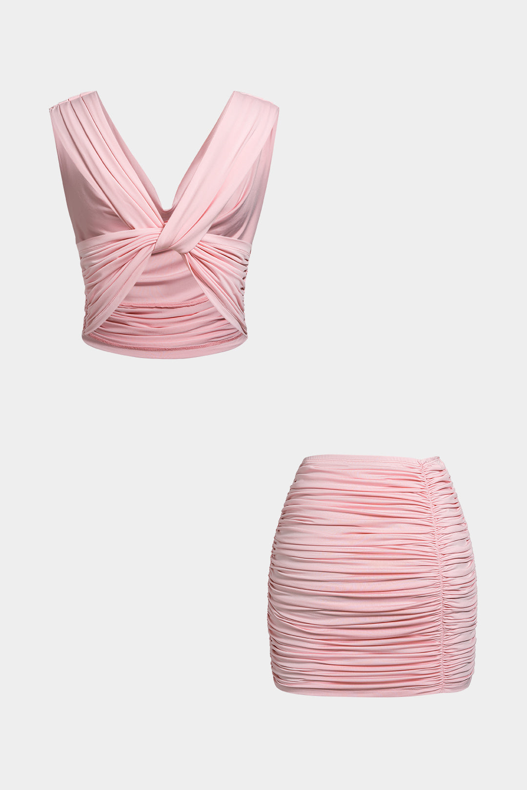Draped Cowl Neck Ruched Crossed Tank Top And Mini Skirt Set