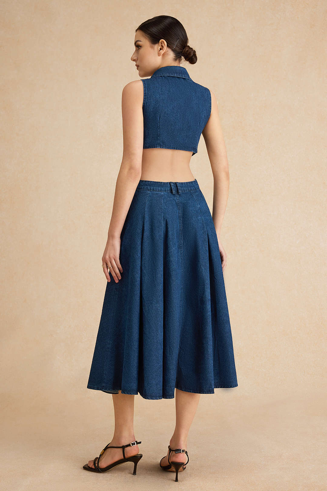 Denim Button Cut Out Midi Dress