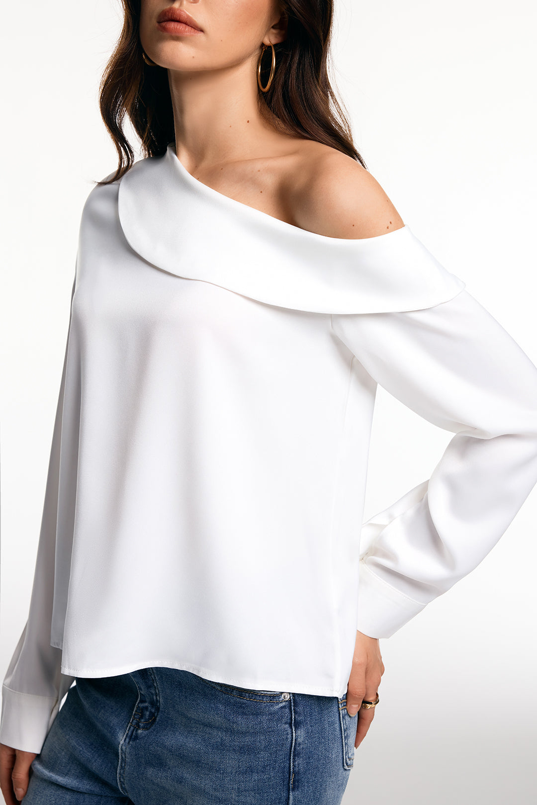 Satin One Shoulder Asymmetrical Long-Sleeve Shirt