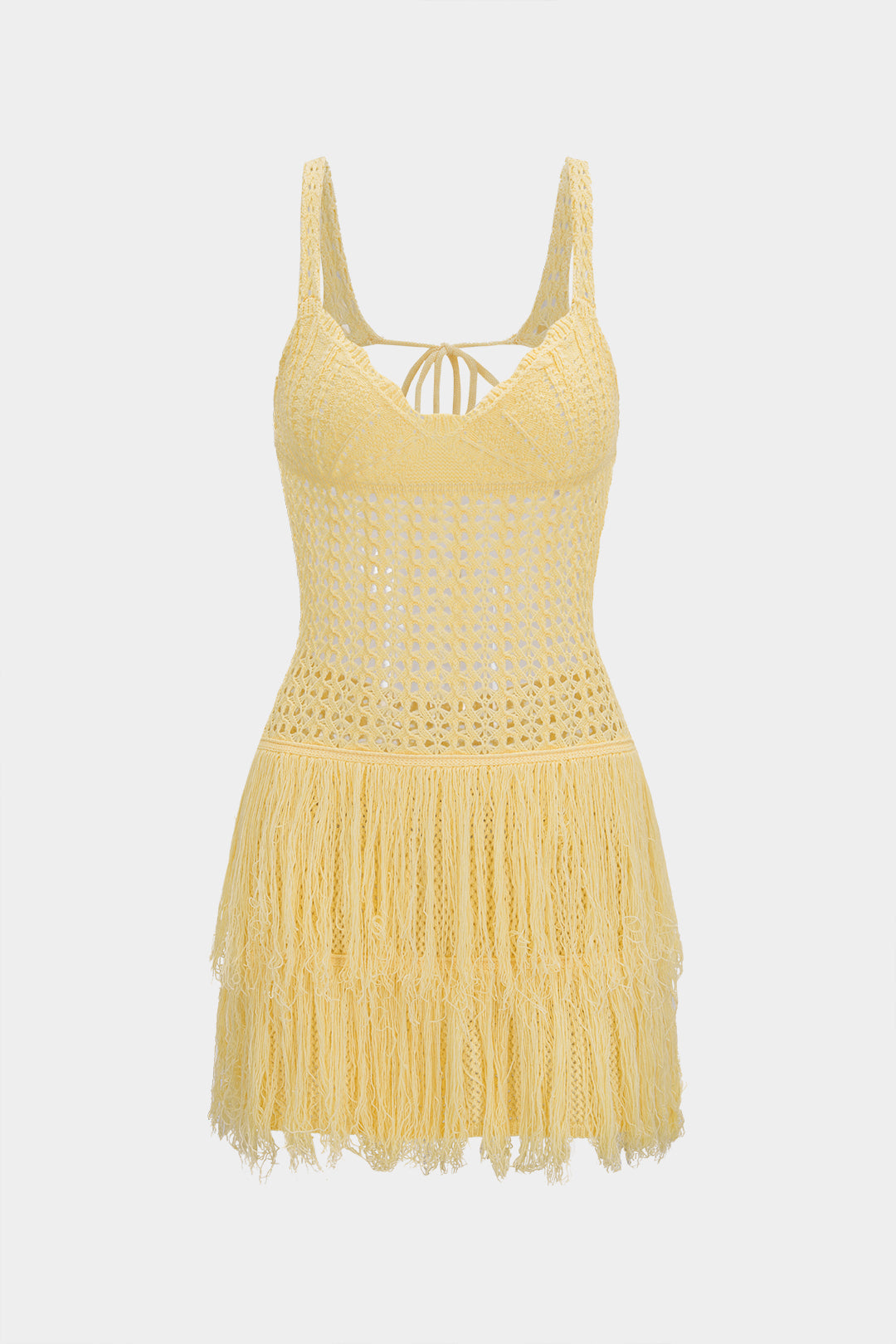 Mini-robe sans manches en maille ajourée à franges