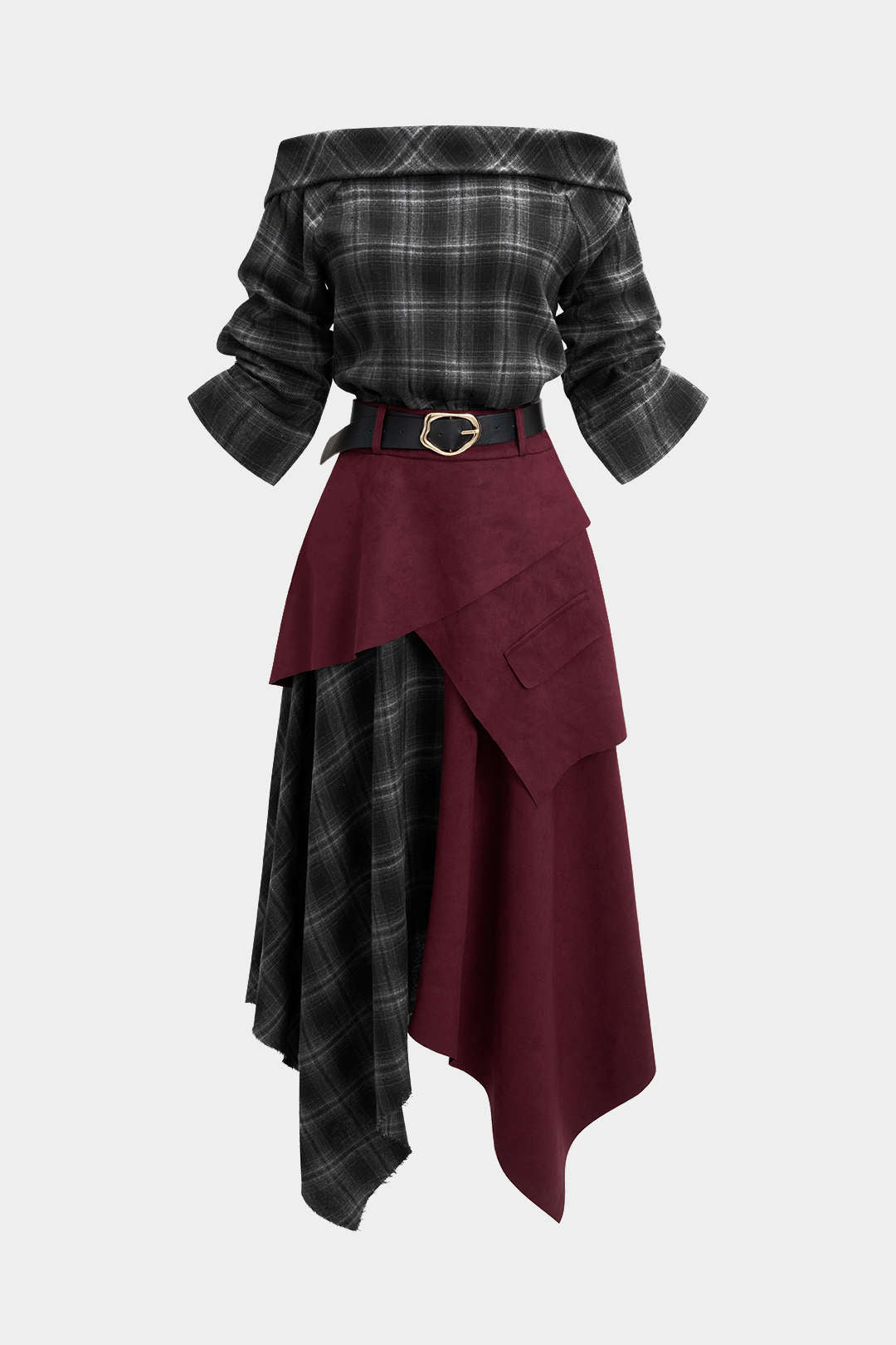 Off-Shoulder Midikleid aus Wildlederimitat mit Karomuster, Reißverschluss und Gürtel