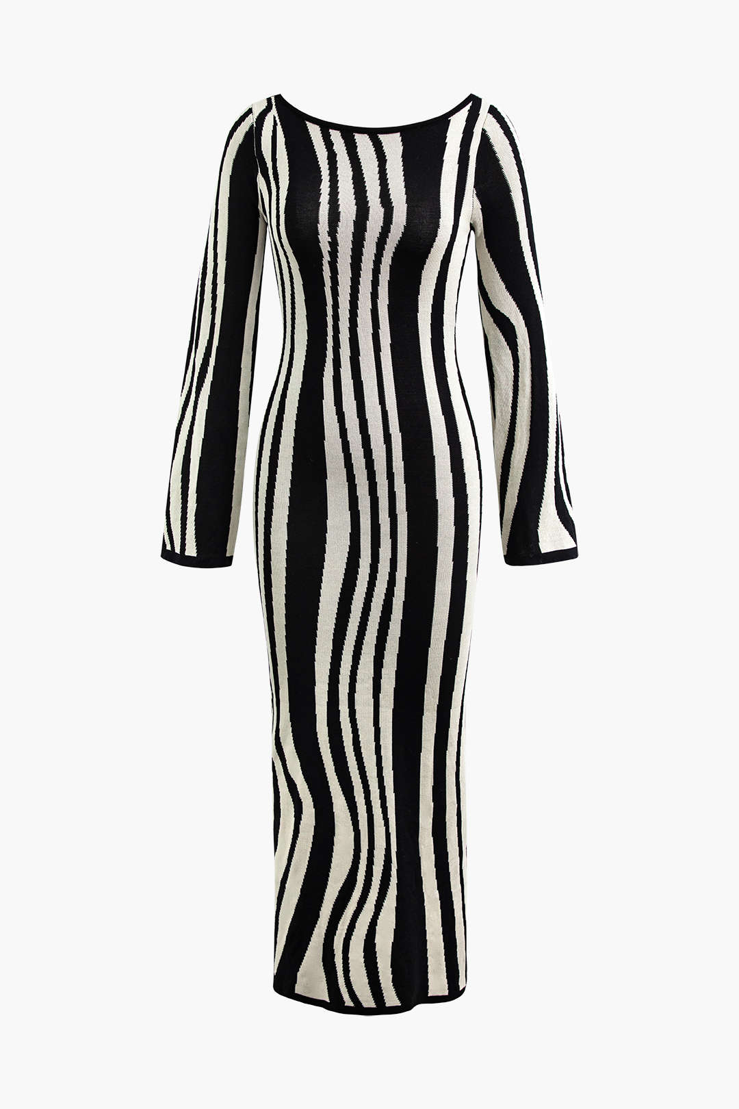 Robe longue en maille à rayures contrastantes et col rond