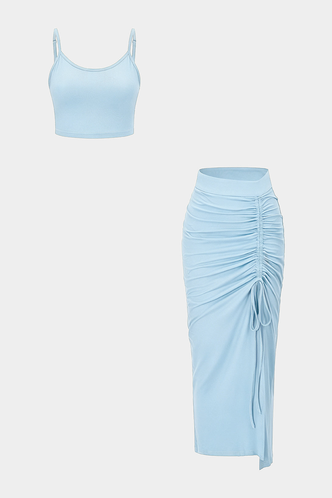 Solid Round Neck Cami Top And Drawstring Ruched Skirt Set