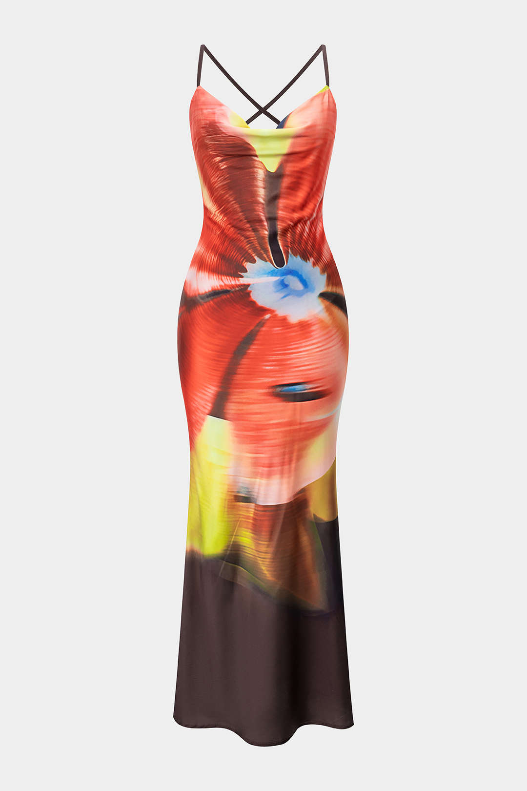 Robe longue satinée sans manches drapée à col bénitier imprimé tie-dye