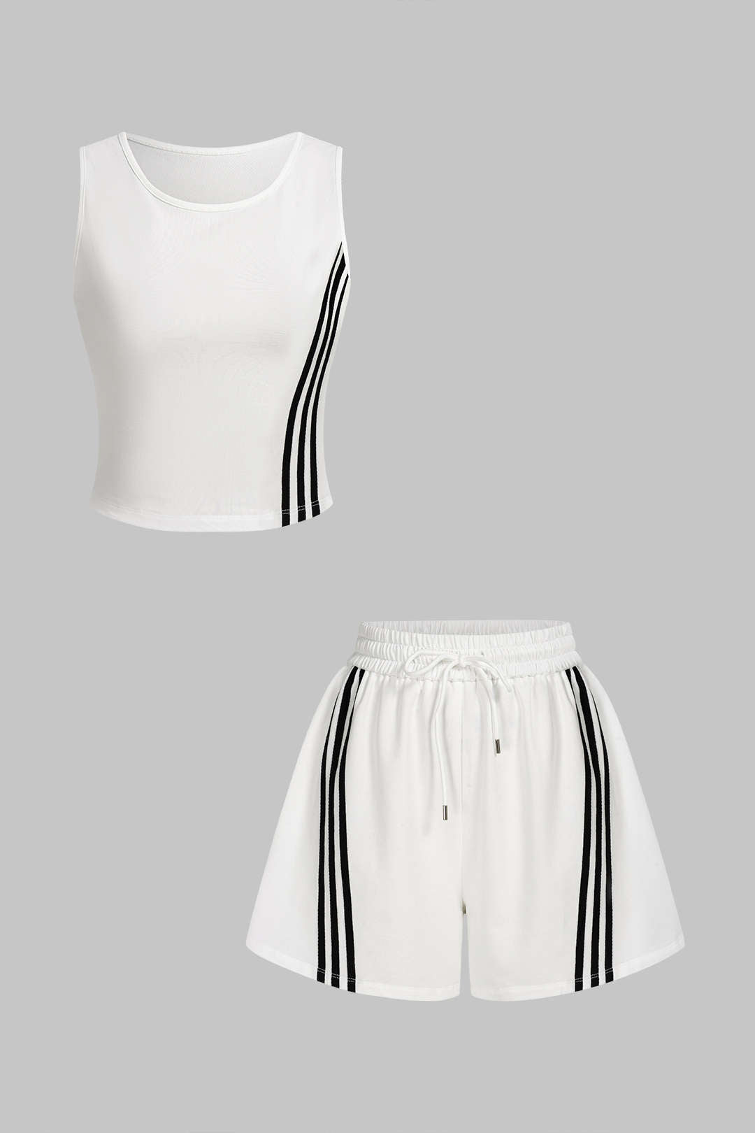 Gestreiftes Rundhals-Tanktop ohne Ärmel und weite Shorts mit Kordelzug-Set mit Kontrastfarben